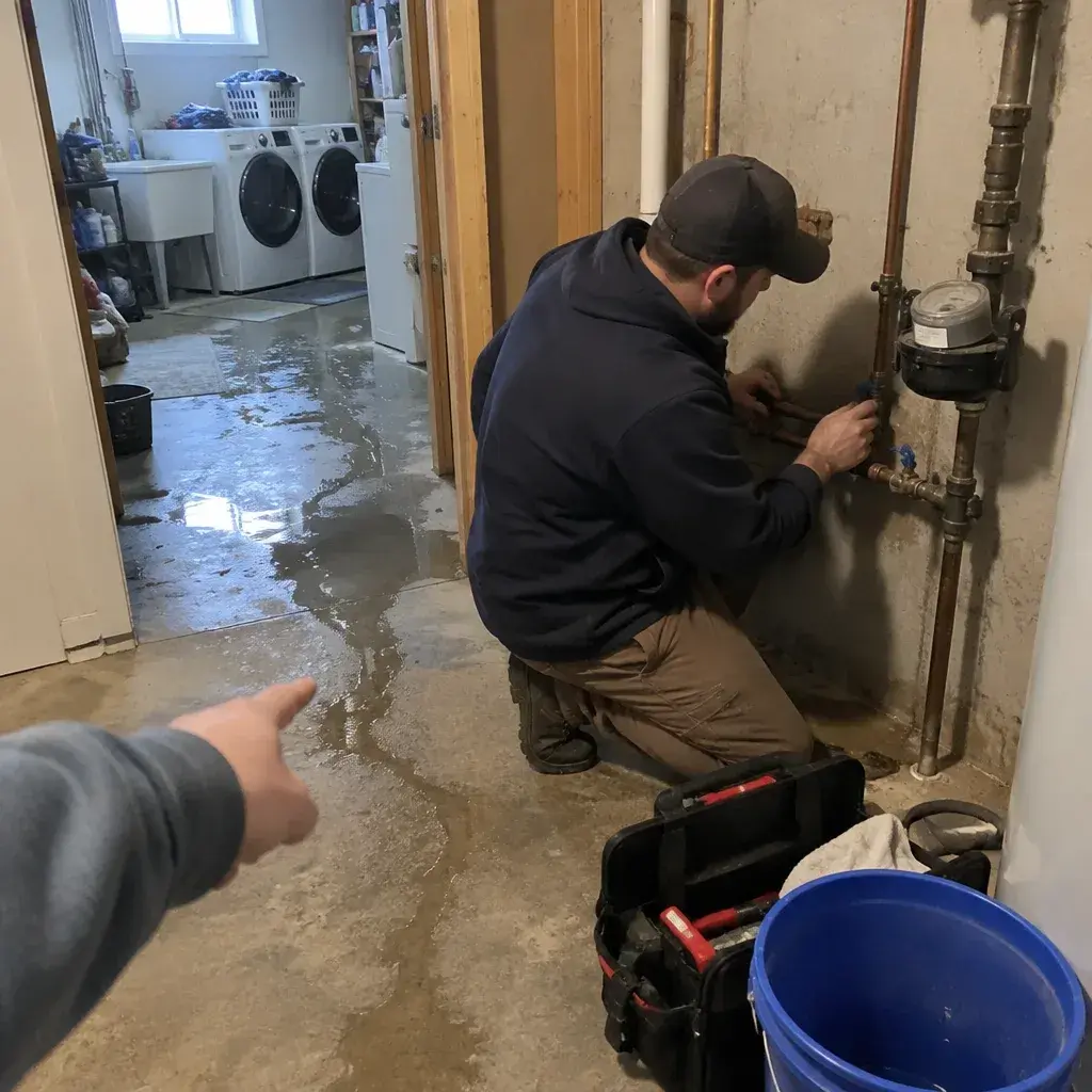 A burst water pipe in the United States being checked over